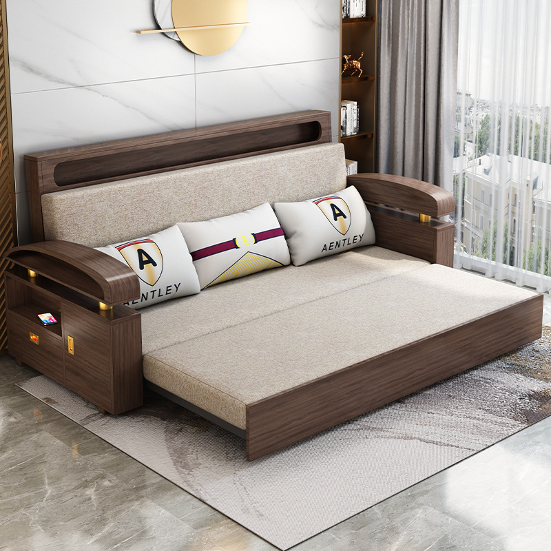 Nordic Modern Folding Solid Wood Sofa Bed Small Apartment Living Room Dual-Use Multi-Functional Storage Three-Person Double Sofa Bed