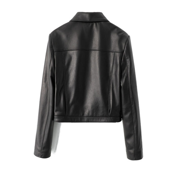 Haining Spring and Autumn New Women's Zipper Motorcycle Leather Lapel Black Sheepskin Leather Jacket Short Leather Jacket