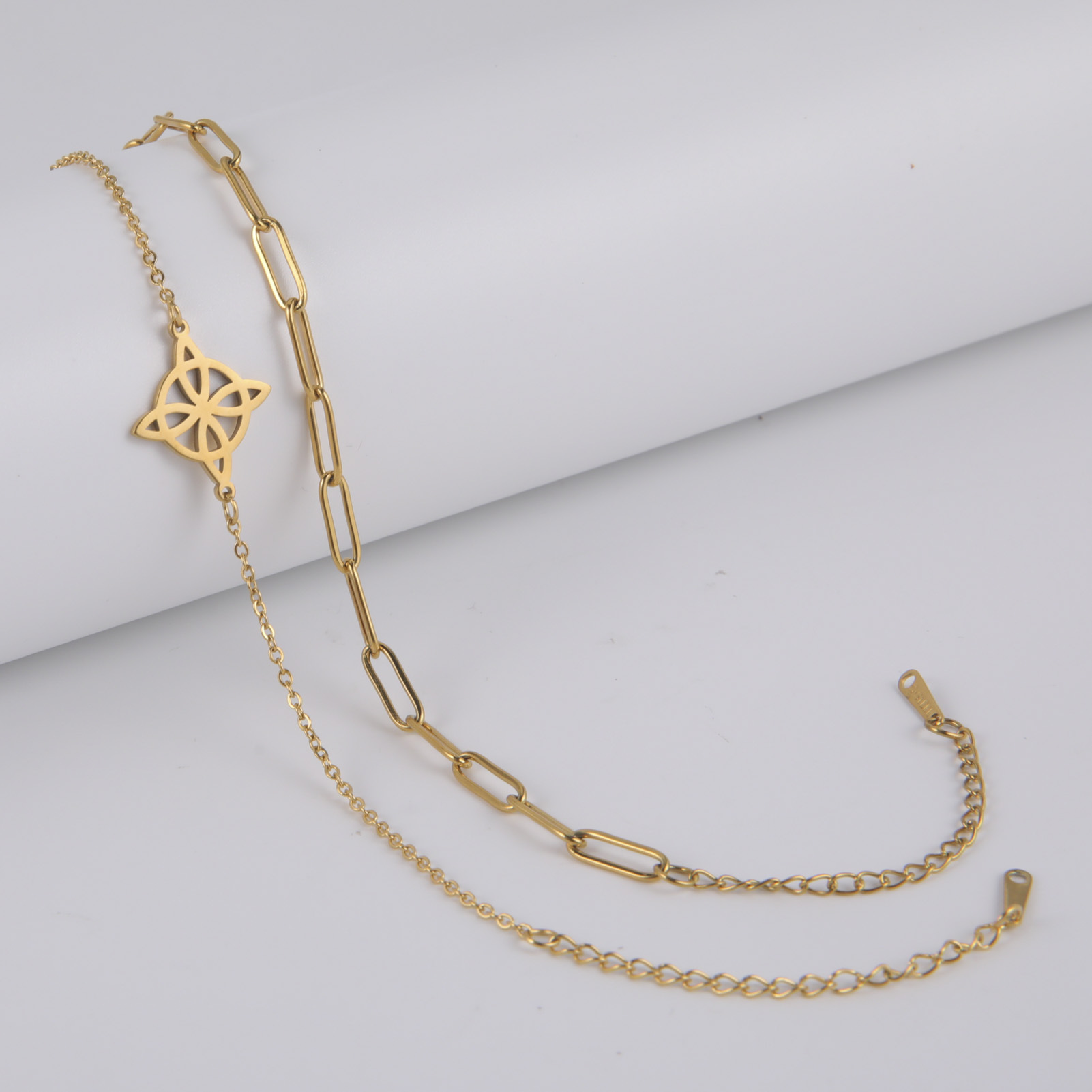 Hot Sale Double-layer Twin Welding With Cross Chain Combination Hollow Four-petal Leaf Small Round Pendant 304 Stainless Steel Bracelet display picture 1