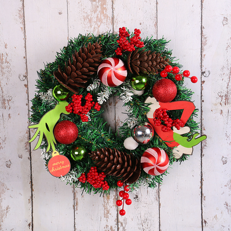 Guirnalda Navideña Creativa de Amazon con Diseño de Grinch, Guirnalda de Navidad con Diseño de Monstruo Verde y Piñas, Decoración para Colgar en la Pared o en la Puerta