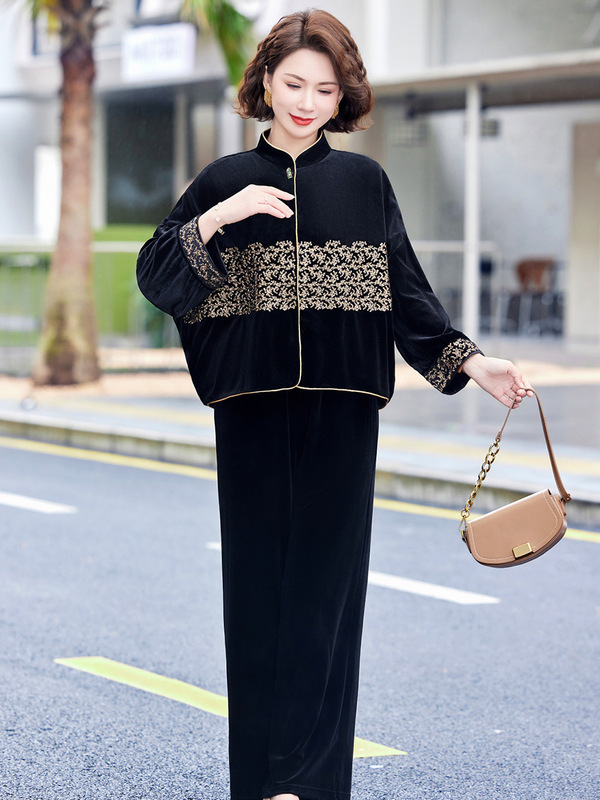 妈妈秋装金丝绒套装中老年女装拉链开衫外套气质2025春秋季两件套|undefined