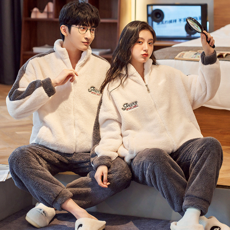 (2개) 커플 파자마 겨울 플러스 벨벳 두꺼운 산호 양털 여성 따뜻한 플란넬 남성 야외 홈 옷 정장 착용 가능