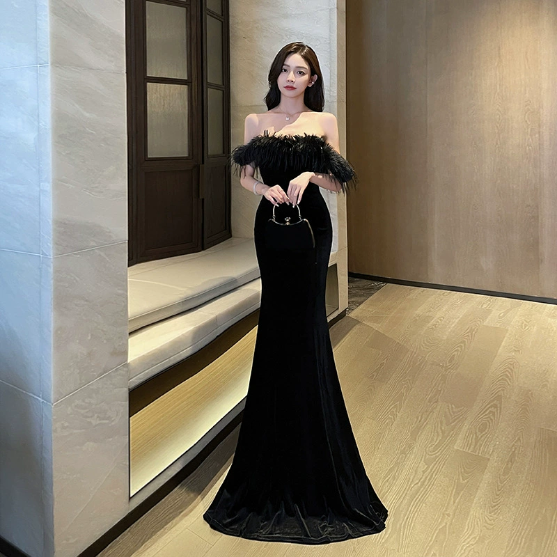 Tube Top Evening Dress, Backless Mermaid Gown, Hip-Accented Long Skirt, Black, S–XL