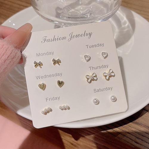S925 Silver Needle Small Fresh Simple Pearl Set Earrings Ins Trendy Versatile Temperament Student Bow Earrings Women