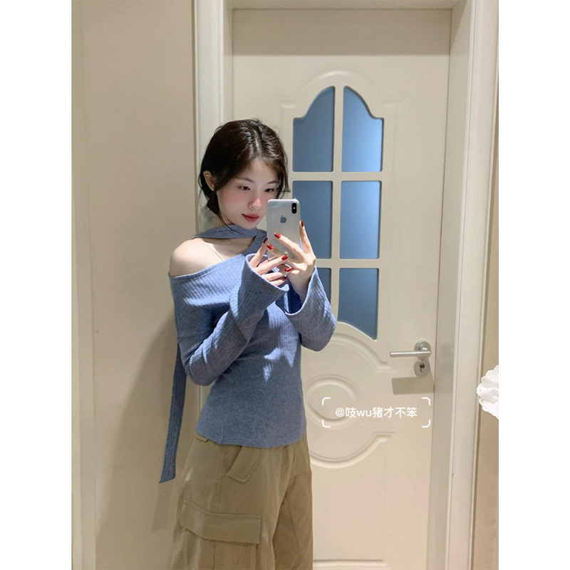 めっちゃきれい!!! 【リボン付きのシャツ】純欲風ギャル斜め肩長袖tシャツ女性インスタ痩せ独特上着|undefined