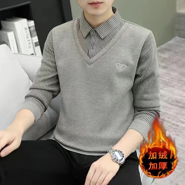 Entrega de una pieza Otoño e Invierno camisa de hombre manga larga forrada de lana gruesa cardigan falso suéter de punto juvenil de dos piezas