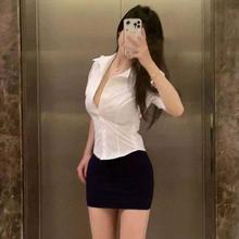 短袖高级灰衬衫女设计感修身性感衬衣职业秘书OL收腰工作服套装夏