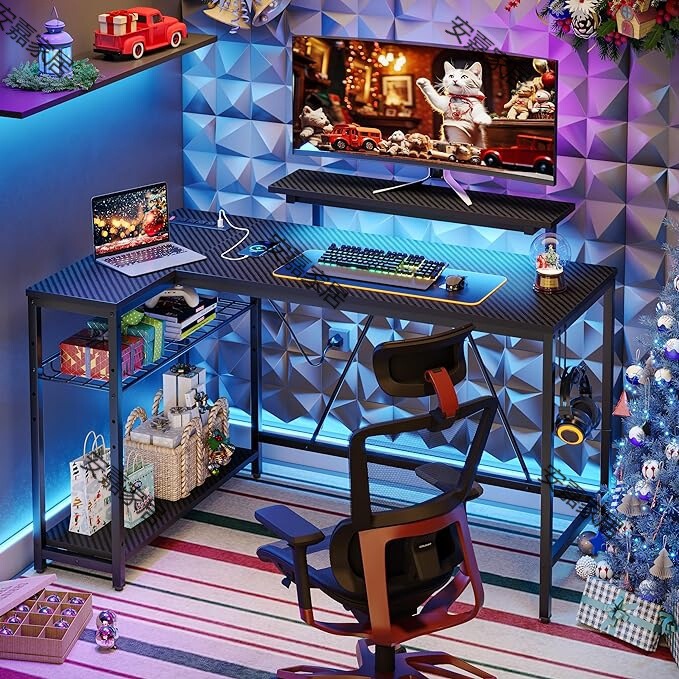 Small L-shaped desk with charging port and LED light with modern computer desk with reversible storage shelf Small L-shaped desk with charging port and LED light with modern computer desk with reversible storage shelf