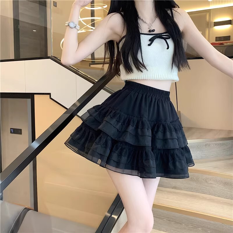 Plus Size Girly Lace Fluffy Skirt Women's Summer Hip-Covering High-Waisted Ruffled Cake A-Line Skirt Umbrella Skirt