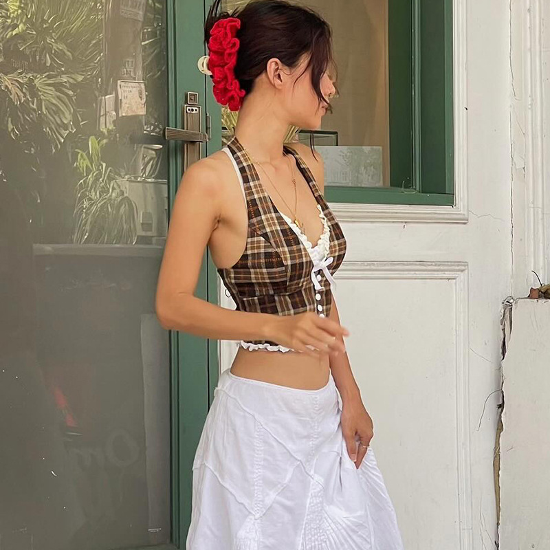 Vintage Plaid Halter Neck Vest Top For Women - Elegant French Style Summer Crop Tops, Sexy Sleeveless Chic Blouse_ecoleips.com