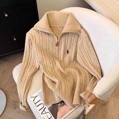 工場直販セーター 秋冬新作 ハーフジップニット ゆったり ツイスト襟 馬刺繍入り レディーストップス