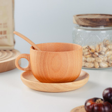 新品上市 榉木咖啡杯三件套实木杯子 木制带手柄咖啡杯水杯茶杯