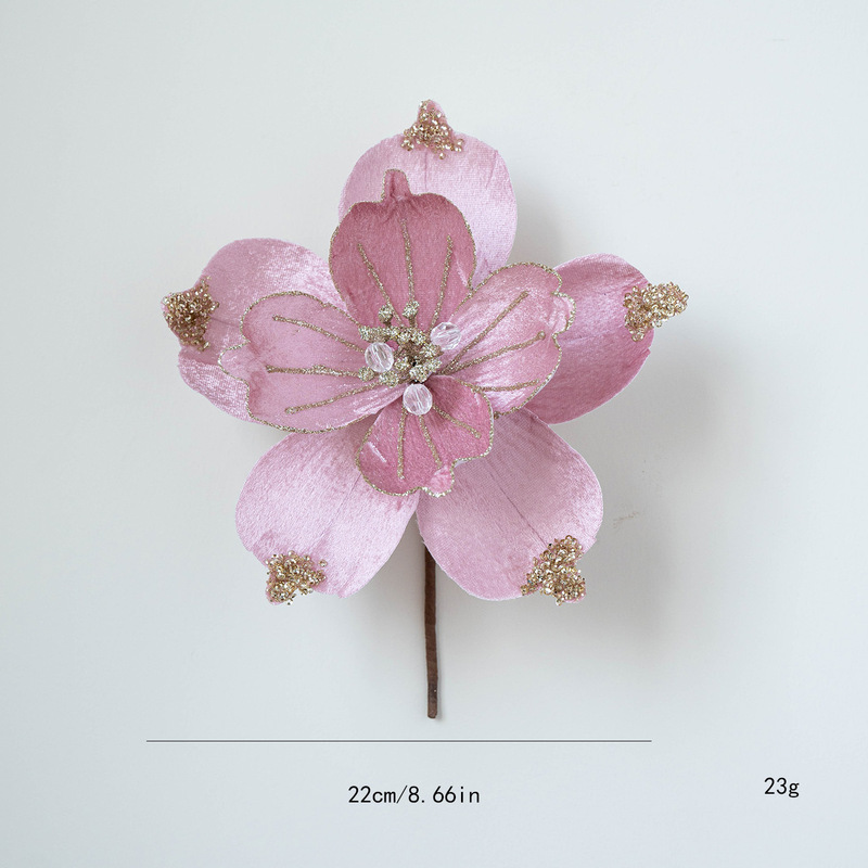 跨境新品圣诞节装饰品仿真花圣诞花22cm布艺粘粉亮片仿真玉兰花|undefined