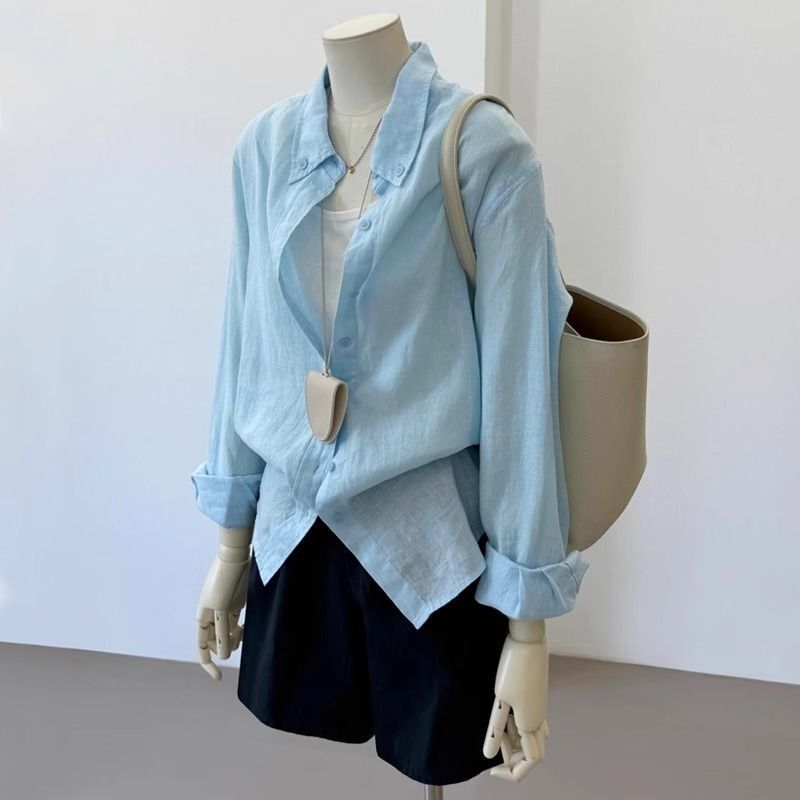 Light Blue Bamboo Cotton and Linen Sun Protection Shirt for Women Summer Thin Lazy Relaxed Breathable Shirt Long-Sleeved Top Jacket Light Blue Bamboo Cotton and Linen Sun Protection Shirt for Women Summer Thin Lazy Relaxed Breathable Shirt Long-Sleeved Top Jacket