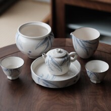 半斋景德镇手工仿古粉引青花芭蕉系列石榴壶 公杯 壶承 品杯 建水