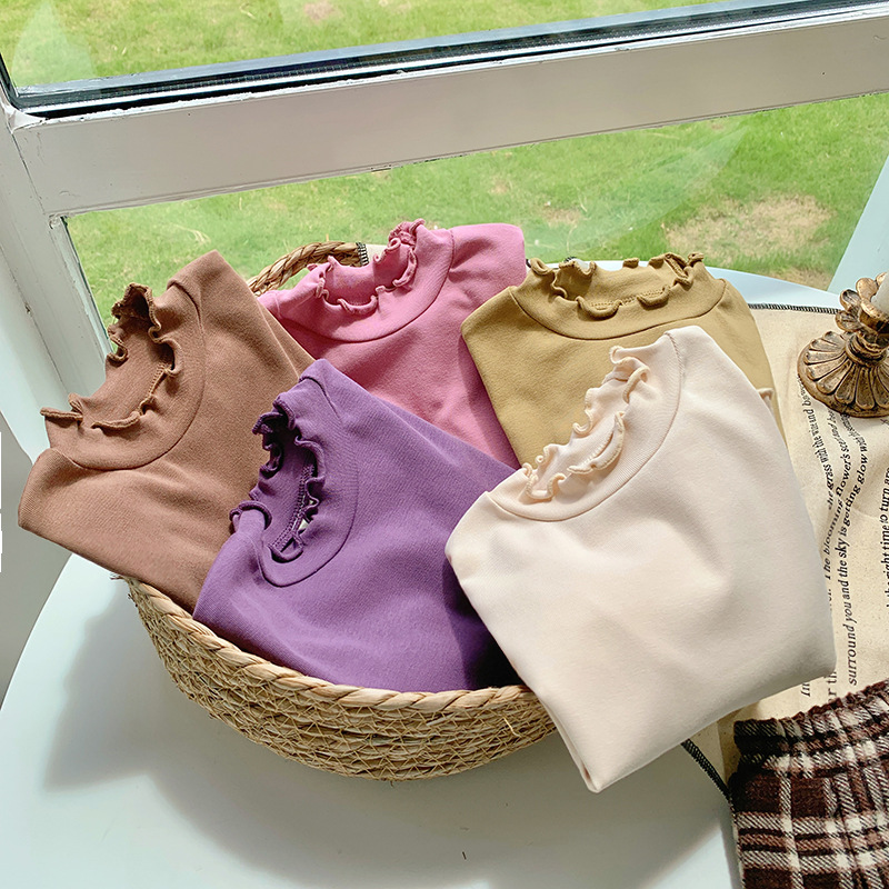 Korean Children's Soft And Waxy Knitted Bottoming Shirt Autumn Top Half Turtleneck Long-sleeved Girls'T-shirt With Fungus Edge