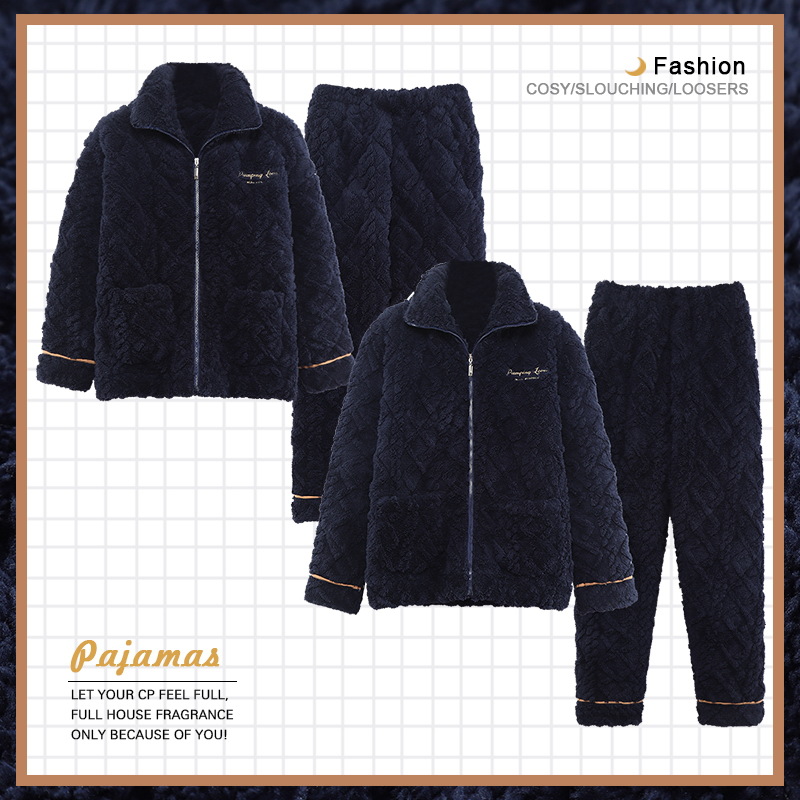 Jiao Caimeng pijamas de pareja de invierno coral polar de tres capas acolchadas engrosadas franela de hombres y mujeres estilo coreano Otoño e Invierno