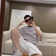 同スタイル夏ストライプバットスリーブシルエットショート通気性半袖ルーズTシャツカジュアルストライプ半袖