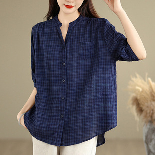 Actual Shot of 2025 Summer New Large Size Dark Grids V Neck Retro Literary Loose Slim Shirt Tops for Women