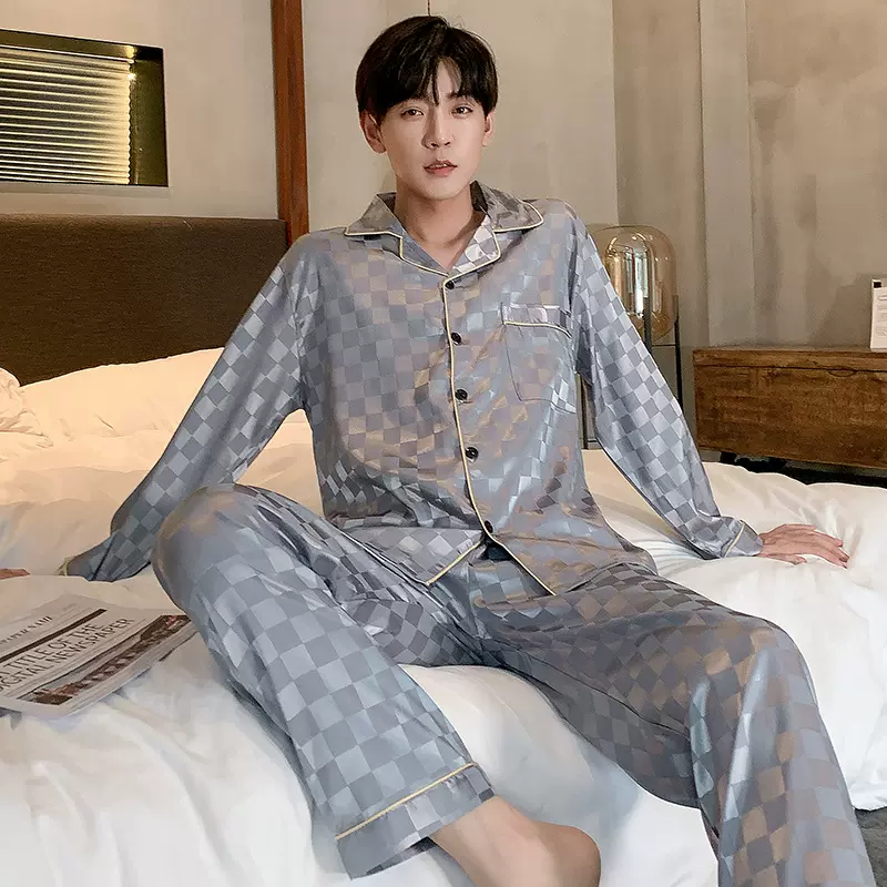 睡衣男春秋季长袖冰丝加肥加大码200斤宽松简约韩版仿真丝家居服