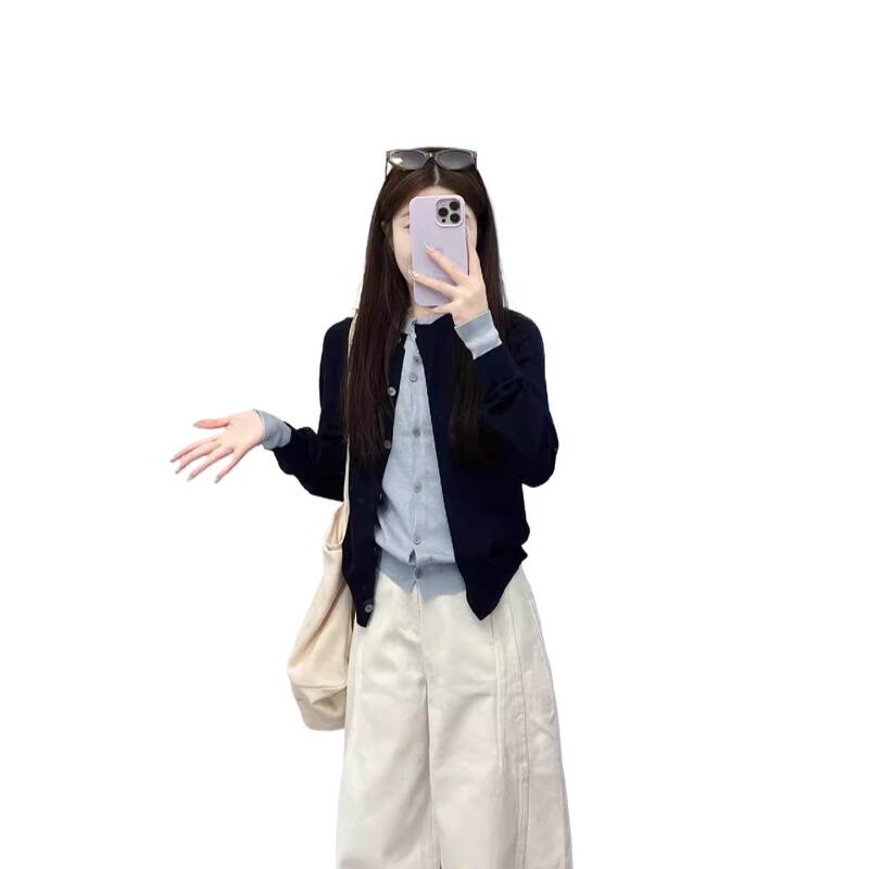 韩系穿搭撞色假两件长袖针织衫女秋季小个子感拼接毛衣外套|undefined