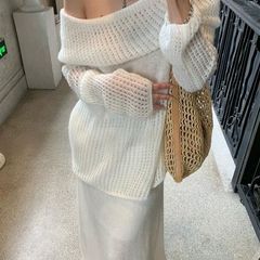 气质露肩镂空微透针织上衣半身裙套装女2025早秋新款宽松两件套女