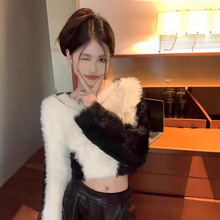 小众毛绒貂毛不规则设计感毛衣高级假两件拼色毛衫慵懒风长毛上衣