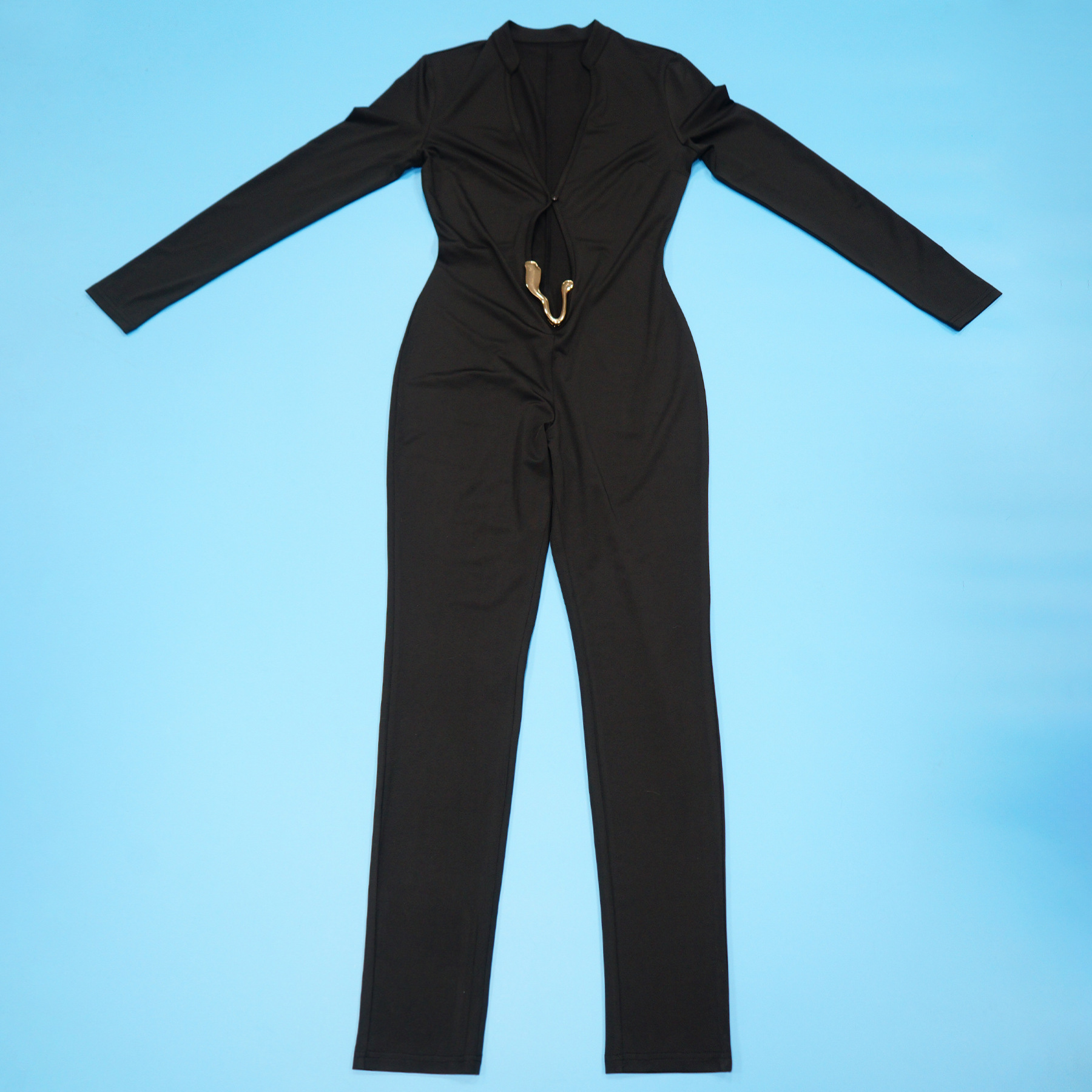 Sexy Deep V Long Sleeve Jumpsuit Solid Color Tight Fit_voghion.com