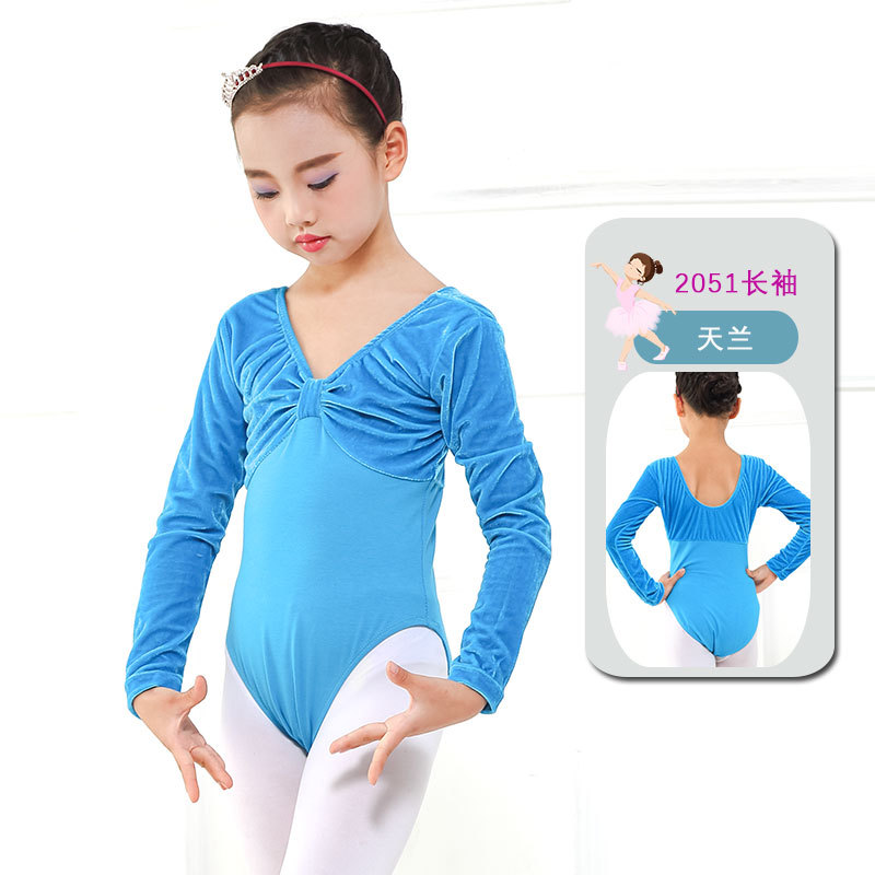 En stock de manga larga de primavera y otoño ropa de ballet ropa de práctica de una sola pieza para niños ropa de baile para niñas de terciopelo dorado ropa de clasificación de gimnasia