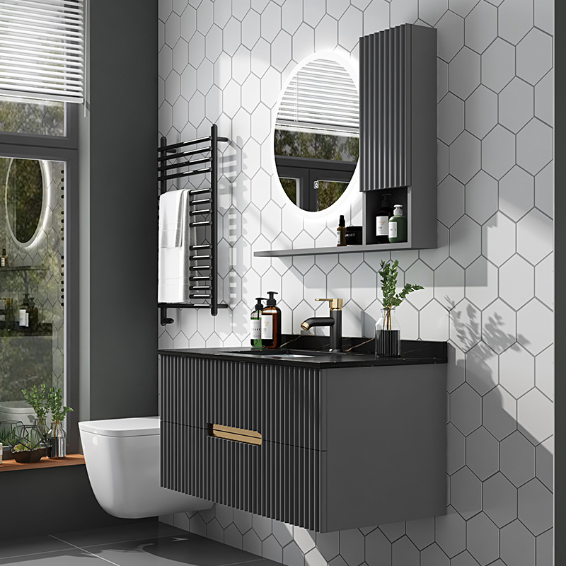 Shiqi luz Placa de roca de lujo integrado cuenca baño gabinete combinación moderno simple baño inteligente lavado a mano piscina mesa de lavado