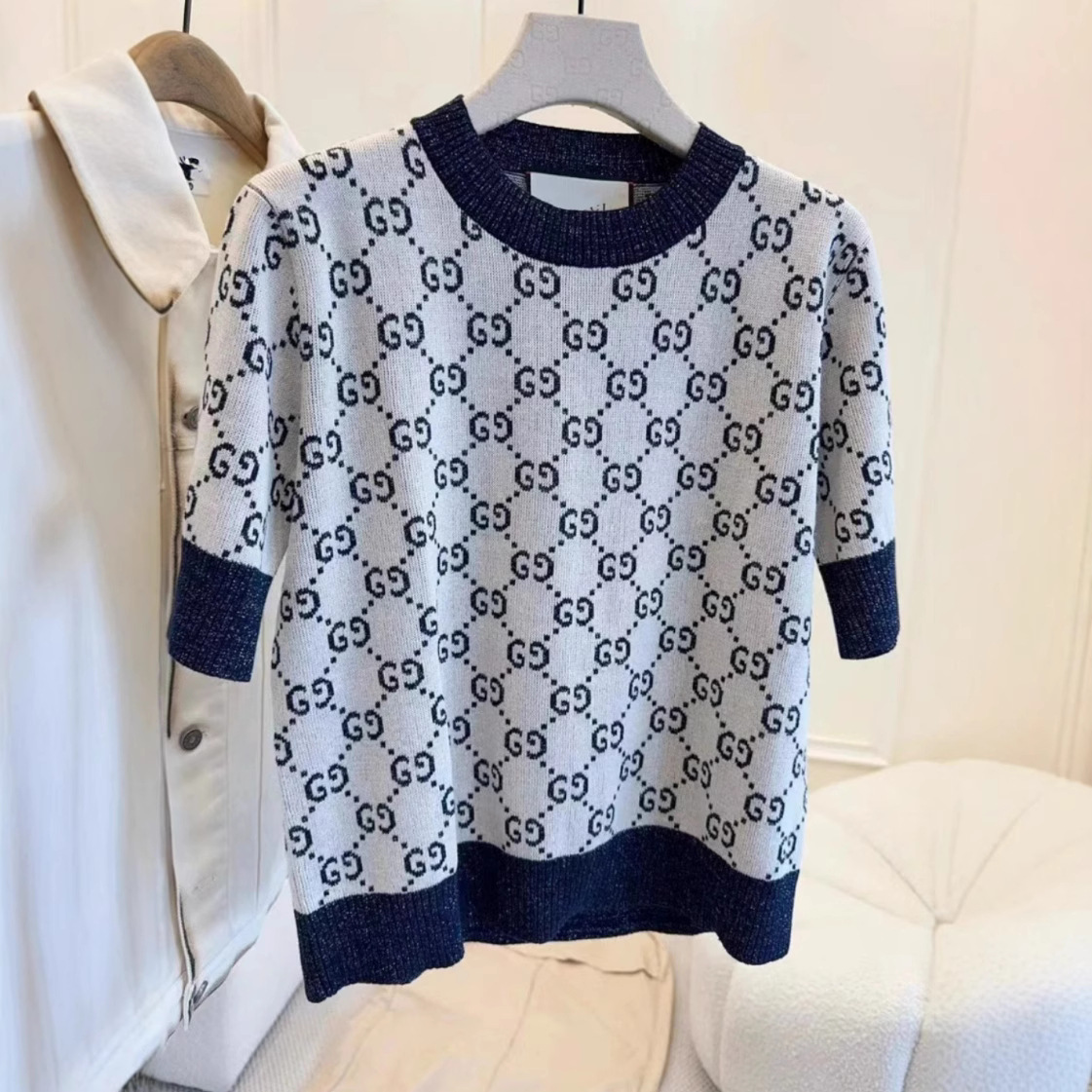 天花板G家经典金银线针织圆领夏季时尚洋气T恤提花短袖百搭上衣女