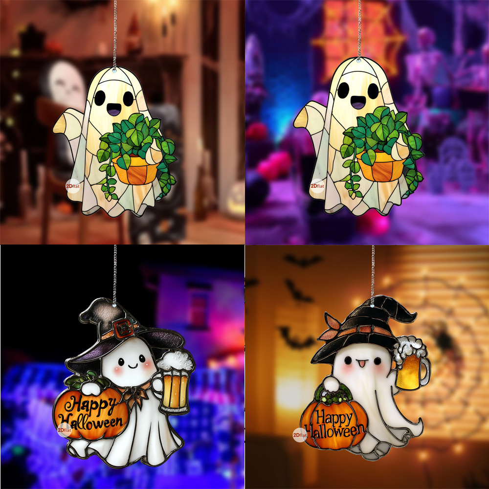 Nuevo Halloween bajo la luna para leer antes de acostarse con un pequeño fantasma plano acrílico 2D colgante de decoración de atmósfera de vacaciones