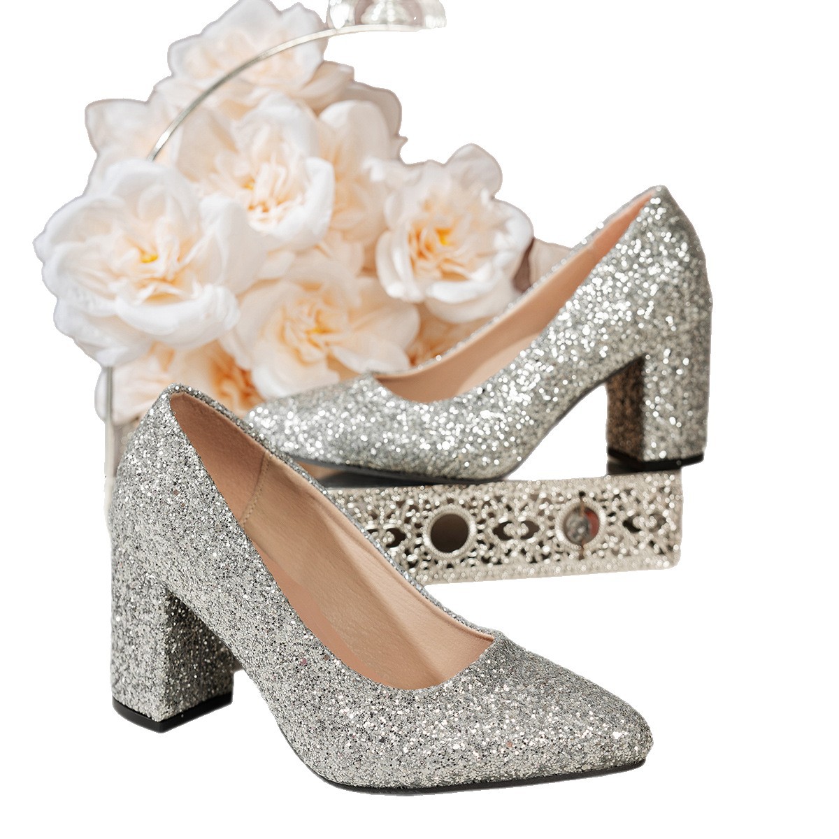 2025 Autumn New Chunky Heel Silver Crystal Sequin Pointed Toe High Heels Direct From Manufacturer For Foreign Trade_vogvips.com