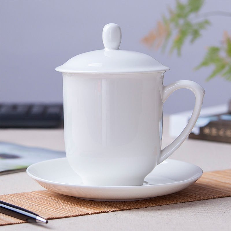 白色会议杯印制LOGO水杯办公杯招待茶杯金边带盖办公室喝水杯子