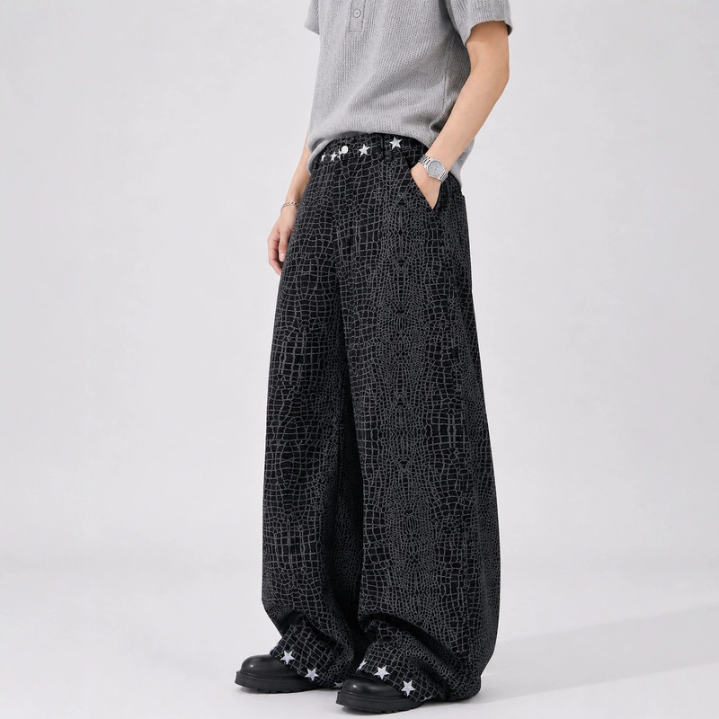 American Retro Star Embroidery Cracked Pattern Wide-Leg Jeans Unisex Loose Street Hip-Hop Casual Pants Trendy American Retro Star Embroidery Cracked Pattern Wide-Leg Jeans Unisex Loose Street Hip-Hop Casual Pants Trendy