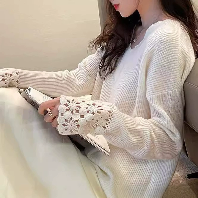 Демисезонный свитер, длинный рукав для отдыха,oversize, V-образный вырез