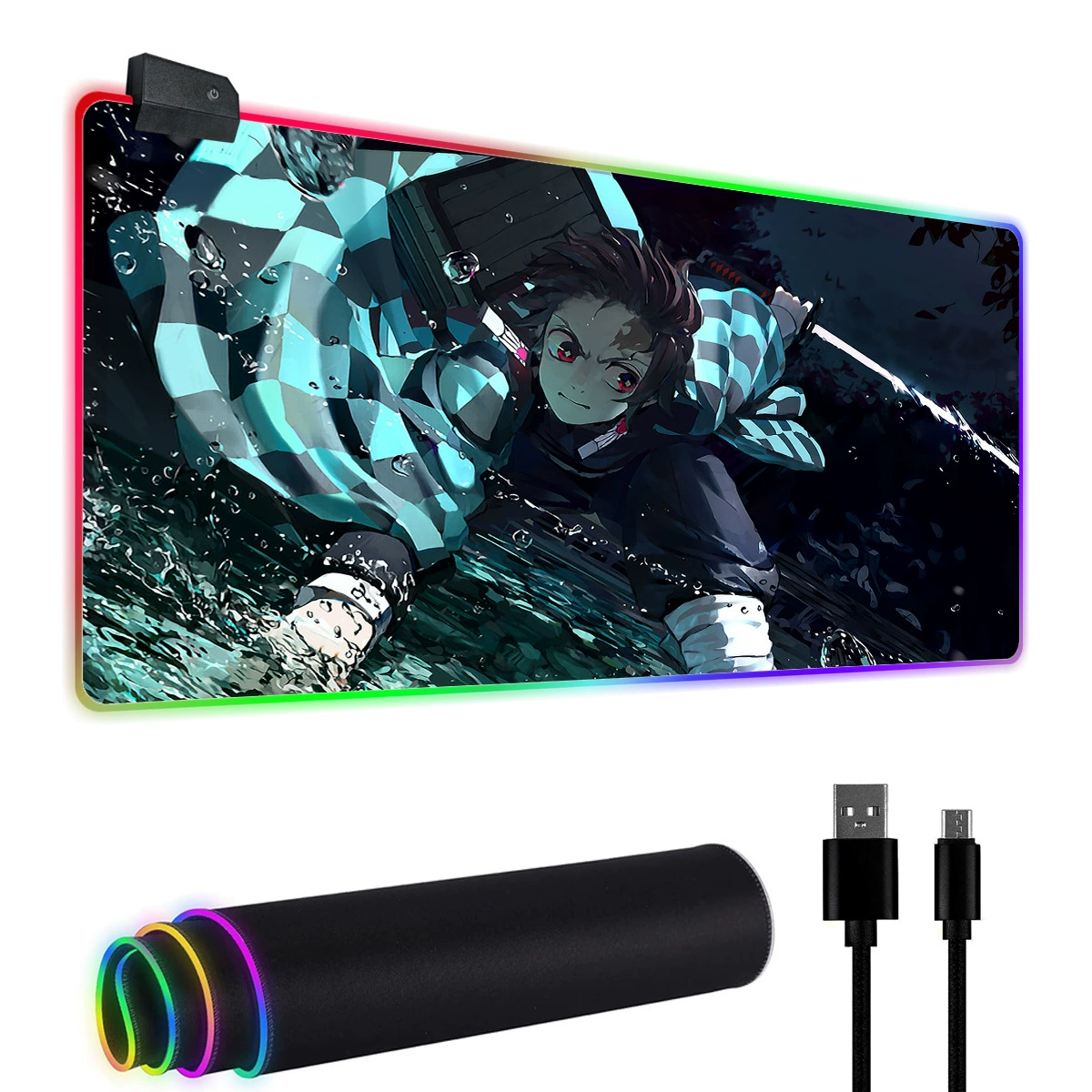 Двухмерная RGB игровая подложка для мыши с высокоразрешающейся пылезащитой Demon Slayer LED-подсветкой, подкладка для клавиатуры и стола, коврик для стола