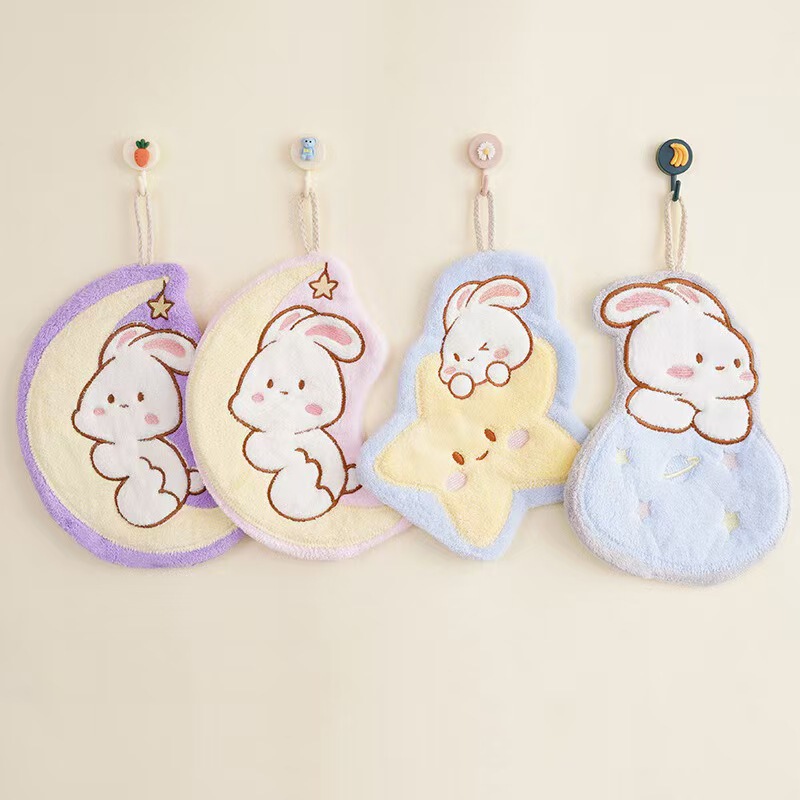 Moon Rabbit Hand Towel Manufacturer Wholesale, Lint-Free, Absorbent, Suitable for Kitchen and Bathroom, Can Be Hung, Cute Children's Hand Towel