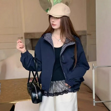 格子拼接连帽短款外套女2025春秋新款宽松休闲夹克小个子棒球服潮
