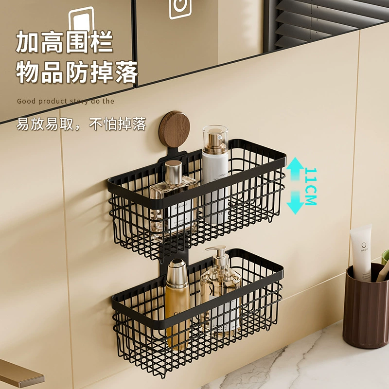 Стеллаж для ванной в средневековом стиле Walnut: настенный полк для туалета без сверления, сетчатая корзина хранения