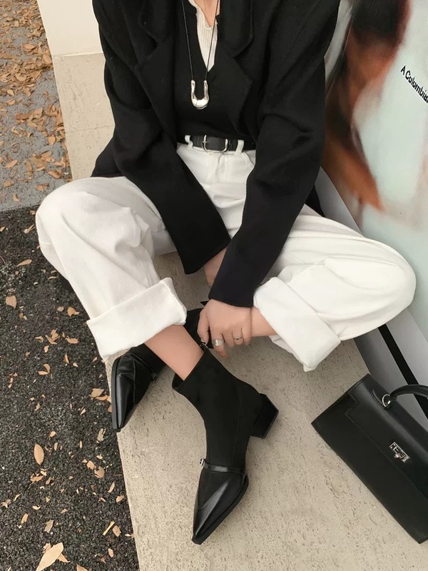 软皮版~棕色法式尖头短筒显瘦弹力靴女拼接绒面中跟复古时装短靴|undefined