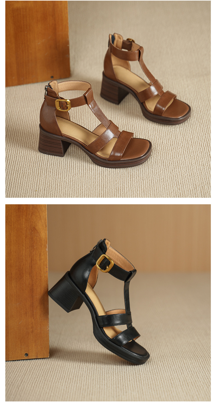 Sandal nữ cao gót 6 cm mũi hở quai chữ T khóa hậu — nâu chi tiết 10
