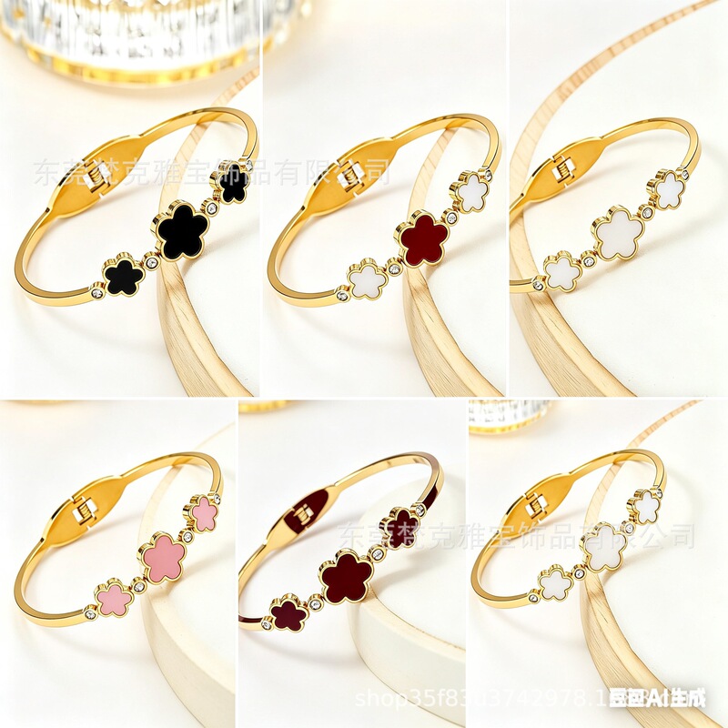 European and American Hot-Selling Fashionable Stainless Steel Gold Diamond Five-Leaf Clover Bracelet That Does Not Fade Easily, 18K Jewelry Direct from the Manufacturer European and American Hot-Selling Fashionable Stainless Steel Gold Diamond Five-Leaf Clover Bracelet That Does Not Fade Easily, 18K Jewelry Direct from the Manufacturer