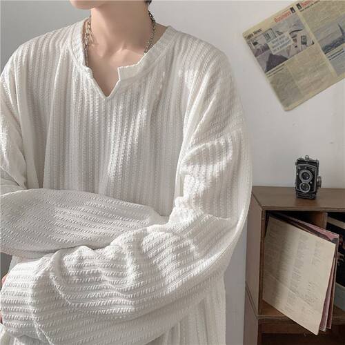 Texture V-neck long-sleeve T-shirt for men, spring and autumn, trendy brand, loose and heavy-duty top, cool and stylish, high-end feel, inner layer and base shirt