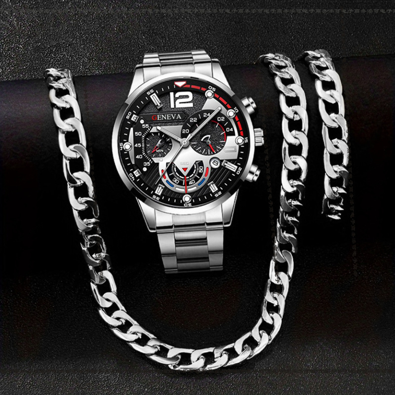 Cross-Border Popular Men's Watch Set, Fashionable Men's Business Quartz Watch, High-End Men's Necklace and Bracelet Set