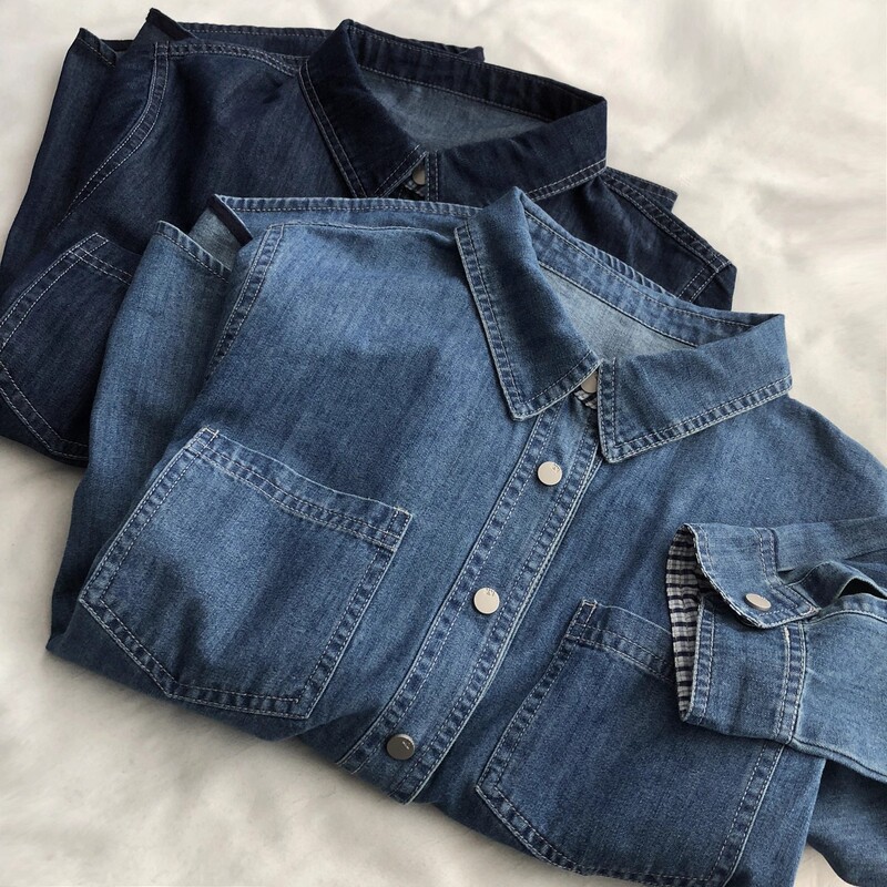 Hong Kong Style Retro Patchwork Plaid Lapel Denim Shirt with Snap Buttons, Korean Style Versatile Simple Cardigan Jacket