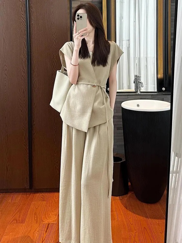 2025年超人気サマードレス、女性向けのスマートでエレガントなハイエンドの小さな香りのカーキベストプロフェッショナルスーツパンツの完全なセット|undefined