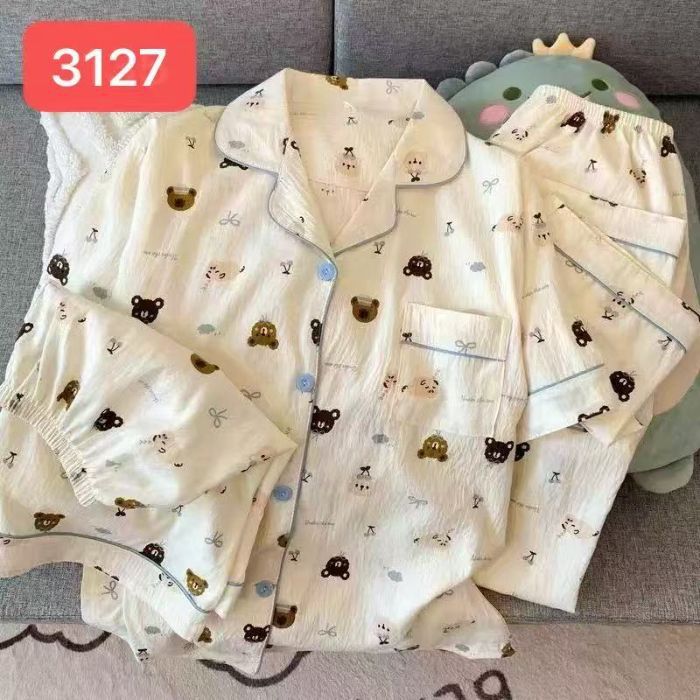 Comercio exterior nube transfronteriza algodón de tres piezas pantalones cortos de manga corta pantalones pijamas de verano ropa a domicilio rebeca de dibujos animados solapa
