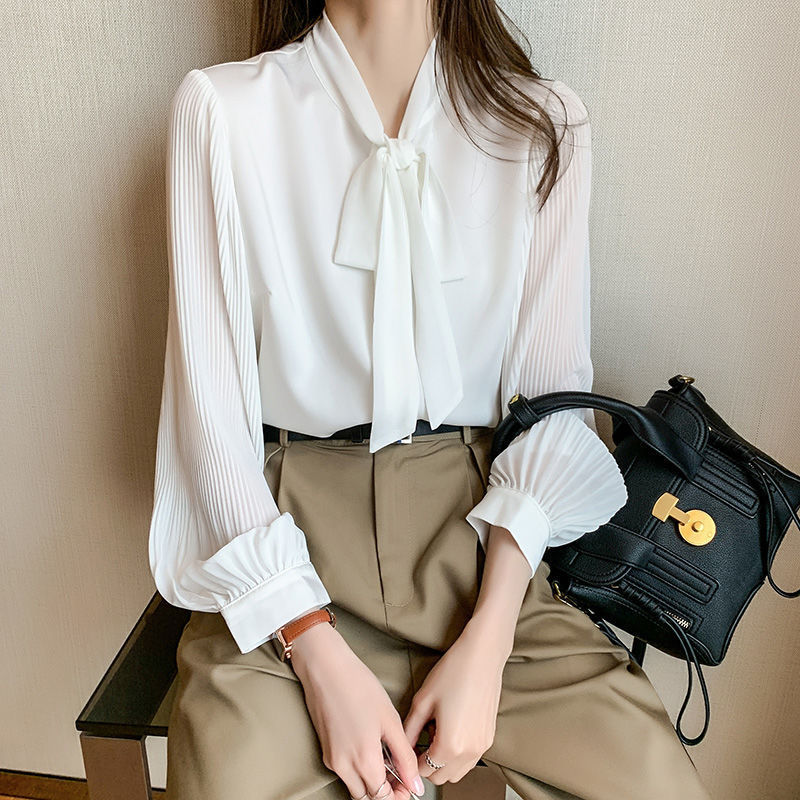 2024 Spring and Autumn New bow business wear white shirt Women's floating lead long sleeve loose Western style chiffon top