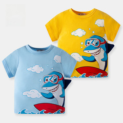 Children's Short Sleeve T-shirt with Cartoon Shark Design - Summer Baby Top - Pure Cotton - Single Piece Drop Shipping - New for 2024